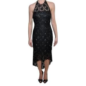 Cache Sequined Lace Dress Halter LBD Gown Hi-Low Black 2